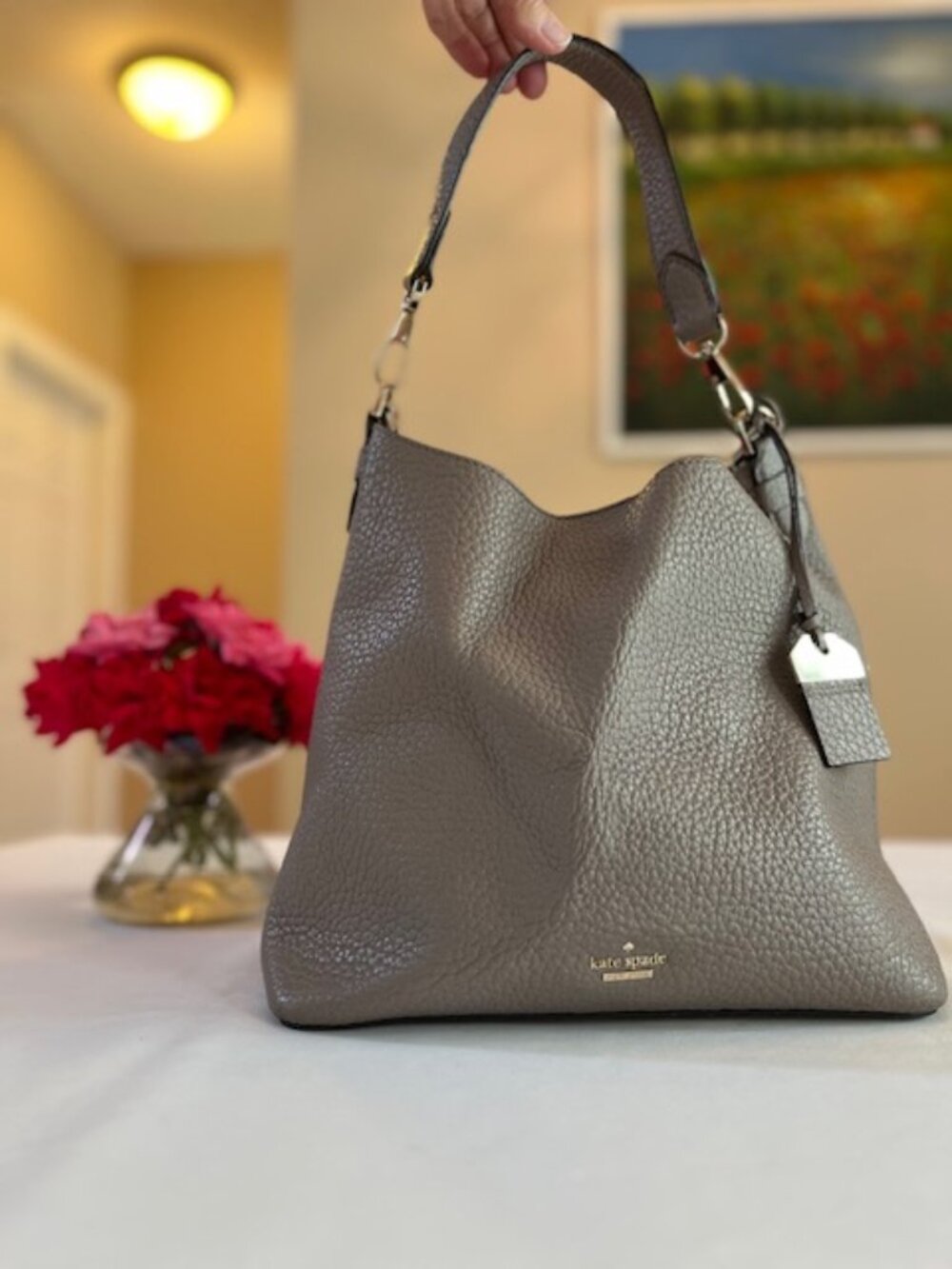 KATE SPADE | New York Gray Pebbled Leather Tote Hobo Shoulder bag-EUC